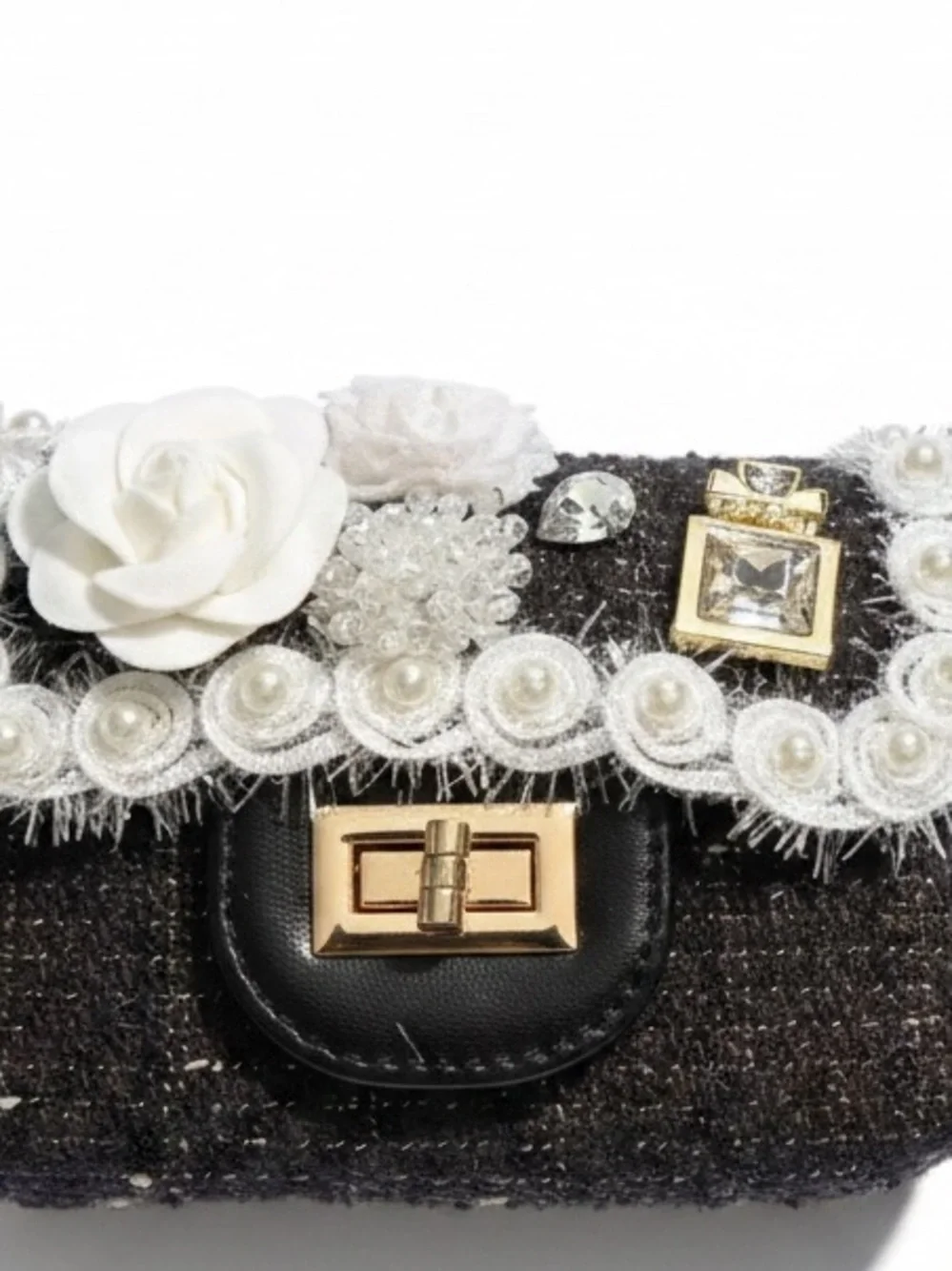 New Girls' Black Tweed with Charms Mini Crossbody Shoulder Bag Purse Chain Strap